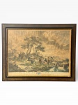 QUADRO, uma (1) gravura colorida de cena campestre, com inscrição em francês PETITE CHASSE e dedicatória A LOYSEAU, mencionando Chevalier dOrléans e data 1739 (conforme legenda). Em papel, protegido por vidro e acondicionado em moldura de madeira com filete interno dourado, sinais de dobras e marcas do tempo no papel, medindo 57x77,5cm.