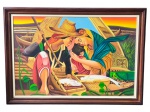 MIRANDA (?), "Sem Título', representando cena regional com figuras e pescaria, óleo sobre tela, datado de 1996, moldura em madeira escura com leves desgastes, medindo 73,5x104cm e tela 61x91,5cm, OBS: ESSA PEÇA NÃO VAI PELOS CORREIOS.
