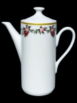 PORCELANA GERMER, um (1) bule para café confeccionado em porcelana nacional na tonalidade branca, decorado por guirlanda floral em policromia e filete em tom dourado, medindo 19x16x8cm.