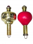 COLECIONISMO, conjunto com duas (2) bóias de nível em metal, sendo uma em latão e outra com corpo esmaltado na cor vermelha, ambas com indicador luminoso superior (lâmpada), utilizadas em sistemas de medição de nível de líquidos (no estado), peças polidas, em excelente estado de conservação, medindo 30/31cm.