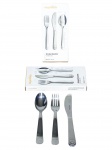 METAL PRATEADO INOX, conjunto com seis (6) peças, composto por duas (2) colheres, dois (2) garfos e duas(2) facas infantis, da marca Royal VKB (marca europeia reconhecida por design funcional em utensílios domésticos). Produzido em aço inox com cabo cinzelado por cabeça de urso. Acondicionados em embalagem original, sem uso.