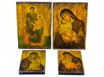 ARTE SACRA, quatro (4) ícones bizantino, sendo: A) um (1) ícone representando Nossa Senhora entronizada com o Menino Jesus; B) um (1) ícone representando Nossa Senhora com o Menino Jesus ao colo (composição de afeto/rosto junto); C) um (1) ícone menor com representação mariana semelhante (variação do tema Mãe e Filho); D) um (1) ícone menor, também com representação mariana semelhante (variação do tema), maiores medindo 19x13cm e menores 13x9cm (1 com pequena falha na borda).