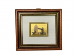 QUADRO, um (1) pequeno quadro com placa em metal dourado representando a Torre de Bridge esmaltado em policromia, moldura em madeira com paspatur na tonalidade branca, medindo 9x10cm.