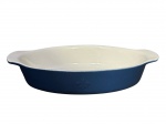 FONTIGNAC (é uma marca francesa ligada ao grupo Arc International, mesma empresa da Luminarc, Arcoroc etc.), uma (1) pirex oval confeccionado em porcelana refratária esmaltada na tonalidade azul, decorado por florão relevado, medindo 6x30x17,5cm.