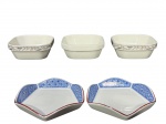 NORITAKE & VARIG, cinco (5) peças confeccionadas em porcelana na tonalidade branca, sendo: A) 3 recipientes para sobremesa de formato oitavado, bordas decoradas por guirlanda de folhagens e filetes em prata, medindo 3x9x9cm e B) 2 petisqueiras com elementos florais e geométricos na tonalidade azul com borda filetada na tonalidade marrom, medindo 11,5x11,5cm.