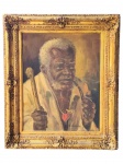 ASSINATURA DESCONHECIDA, "Preto Velho", óleo sobre tela, moldura em madeira com patina em ouro, decorada por elementos vegetalistas em recortes, apresentando pequenas falhas na pintura e na moldura, medindo 66,5x57cm e tela 49x38cm.