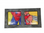 QUADRO, um (1) quadro com dois azulejos com representação em estilo pop art / história em quadrinhos, apresentando recortes de figura masculina trajando uniforme do Homem-Aranha e mão segurando lata de bebida, moldura em MDF com pintura preta, apresentando desgates e fungos na moldura, medindo 42,5x23cm. 1 azulejo colado.