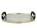 DIVERSOS, uma (1) bandeja oval com estrutura em madeira escura, latererais em chapa metálica e fundo estrelado, apresenta falhas na esmaltagem da madeira, medindo 11,5x50x31cm, leves oxidações no espelho.