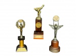 COLECIONISMO, três (3) troféus confeccionados em metal de modelos, tamanhos e decorações distintas, apoiadas sobre base em madeira com placas metálicas apresentando sinais de oxidação, maior medindo 20,5cm de altura e menor 18,5cm de altura.