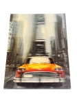 QUADRO, uma (1) reprodução 3d representando famoso táxi amarelo de Nova York colado sobre placa em madeira, apresenta ranhuras, medindo 34,5x24cm.