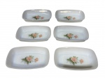 VIDROS, seis (6) petisqueiras confeccionadas em vidro opalinado da manufatura ARCOPOL, origem francesa, decorados por flores e folhagens em policromia, medindo 18x11,5cm.