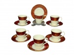 PORCELANA STEATITA, seis (6) xícaras para café com seus respectivos pires confeccionadas em porcelana nacional na tonalidade branca, decoradas por espessa faixa na tonalidade vinho com guirlanda de folhagens e filetes em vasta douração, medindo 5,5x7x5,5cm.