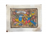QUADRO, uma (1) composição decorativa de arte popular, executada sobre eucatex, apresentando painel central com representação policromada de pássaros entre flores e folhagens, em desenho de caráter ingênuo, apresentando falhas na madeira, vendido no estado da foto, medindo 33x42cm.