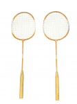 DIVERSOS, par (2) de raquetes de badminton confeccionado em metal esmaltado na tonalidade abóbora com pega em madeira, apresentando falhas na esmaltagem, medindo 65x20cm.