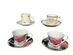 PORCELANAS, lote com quatro (4) xícaras para café de coleção com seus respectivos pires confeccionados em porcelana na tonalidade branca, sendo: A) RENNER, 1 decorada por elementos florais em policromia e borda filetada em ouro, bicado no pires, medindo 5,5x6,5x5cm, B) D. PEDRO II, 1 decorada por flor e folhagens e policromia, filetes e inscrição MARIA NATÁLIA em ouro, medindo 5x7x6cm e C) 2 com pintura de elementos florais em policromia, medindo 5x8,5x6,5cm.