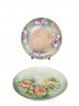 PORCELANAS, dois (2) pratos decorativos confeccionados em porcelana branca com pintura floral de modelos distintos em policromia, medindo 24,5cm de diâmetro.
