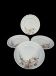 PORCELANAS, seis (6) pratos rasos confeccionadas em porcelana na tonalidade branca com pintura de flores e folhagens em policromia, medindo 26cm.
