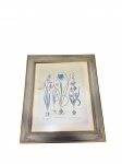 QUADRO, uma (1) reprodução de estudo botânico com representação de flores e bulbos, em policromia, protegido por vidro, com paspatur e moldura patinada em tons cinza e dourado com falhas e marcas de fungos, medindo 62x52cm.