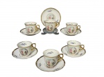 PORCELANA REAL, seis (6) xícaras para café com seus respectivos pires confeccionados em porcelana nacional na tonalidade branca, decorada por cena ninfa, flores e folhagens em policromia com filetes e realces em ouro, medindo 5x7,5x5,5cm.