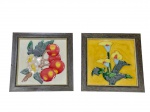 QUADROS  Par de quadros, com composições em azulejo em relevo, representando natureza-morta floral e frutal, molduras em plástico rígido , medidas : 19 x 19 cm