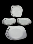 Maghsoud Porcelain Industries (Fundada em 1994 no Irã, uma das maiores fabricantes de porcelana do Oriente Médio), seis (6) pratos rasos de design alemão confeccionados em porcelana na tonalidade branca com pintura de flores e folhagens em difentens tons de cinza, borda em recortes com filete em prata, medindo 27x27cm.