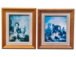 QUADROS, duas (2) reproduções de cenas clássicas de inspiração europeia, com temática pastoral e cotidiana, evocando o universo da pintura antiga. As imagens retratam, respectivamente, figura infantil acompanhada de cordeiro e cena de gênero com personagens em ambiente rural, ambas em tonalidades azuladas, conferindo caráter sereno e atemporal às composições. Peças emolduradas em madeira, com passe-partout interno, Ambas com marcas do tempo, medindo 35,5x29,5cm e 35x31cm.