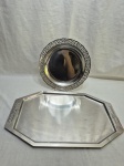 Lote de bandeja redonda e travessa facetada em aço inox. Medindo 52cm x 31,5cm, 30cm de diâmetro.