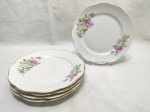 Jogo de 5 pratos de sobremesa em porcelana polonesa KPM floral com friso ouro. Medindo 9,5cm de diâmetro.
