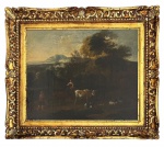 EUROPA SÉX XIX - Obra em óleo sobre tela, paisagem europeia com figuras humanas e animais, proteção de moldura de madeira entalhada em florões e acabamento em folha de ouro. Medida da obra 61 50cm. Medida total 70 x 80cm.