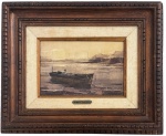 GILBERTO BAPTISTA - Óleo sobre eucatex, espátula, marinha.Composição marítima em tons ocres e cinza, retratando embarcação solitária junto ao cais, marcada pela técnica pastosa e expressiva do artista. Assinado no canto inferior direito e datado no verso. Medida da obra 15 x 23 cm. Medida total 45 x 37 cm.