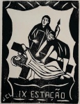 JOSÉ COSTA LEITE (julho de 1927 Paraíba / agosto de 2021) - Xilogravura "IX estação". Cena tradicional da Via Sacra, executada com o traço firme e direto típico do mestre da literatura de cordel. Composição de forte contraste, figuras estilizadas e assinatura JCL. Obra representativa da produção nordestina popular. Medida da obra 17,5cm x 23cm. Medida total 33 x 47cm.