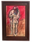 Obra em óleo sobre tela sobre madeira em  representando casal nu em abraço íntimo, com traços expressivos e fundo em tons fortes de vermelho e terra. Obra de linguagem figurativa moderna, meados anos 60, marcada por gestos rápidos e contraste emocional, apresentada em moldura antiga de madeira. Ideal para coleção de arte contemporânea brasileira.Assinada no canto inferior esquerdo. Medida da obra 55 x 40 cm. Medida total 48 x 69 cm.