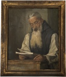JURANDIR PAES LEME (Rio de Janeiro 1896 - Rio de Janeiro 1953) - Obra em óleo sobre tela, assinada e datada de 1946, intitulada "monge na cela"  em leitura, tratada com a paleta suave e o realismo característicos de Jurandir Paes Leme. Cena íntima, serena e de grande força espiritual, com belíssimo trabalho de luz, expressão e textura. Verso com dedicatória manuscrita do artista. Proteção de moldura de madeira com Douracao da época. Medida da obra 65 x 54 cm. Medida total 66 x 78 cm.