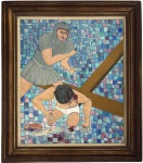 RONCHINI - Obra em oleo sobre tela intitulada  2ª Queda,  Obra em técnica mista sobre tela representando a segunda queda de Cristo, com forte linguagem expressiva e fundo em mosaico cromático. Cena marcada pelo dramatismo do tema sacro, assinada, datada e com dedicatória no verso. Moldura original em madeira. Medida da obra 54 x 65 cm. Medida total 72 x 83 cm.