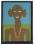 ALOISIO - Quadro Decorativo  Figura Feminina. Técnica mista sobre papel, assinada Aldísio.Composição estilizada de figura feminina, paleta vibrante em tons de azul, verde e laranja. Apresentado em moldura de madeira com vidro. Verso com sistema de fixação e sinais naturais do tempo. Medida total 37 x 51 cm.