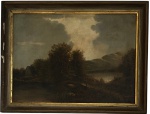 Escola europeia, assinatura não identificada. Óleo sobre tela representando paisagem bucólica com lago, construções rurais e colinas ao fundo. Antigos restauros e verniz fortemente oxidado. Datação provável entre o final do século XIX e início do século XX. Assinada "E. Poully"? no canto inferior direito. Mede 65  48 cm, com dimensões totais de 76,5  59 cm. Moldura apresenta danos no lado esquerdo.