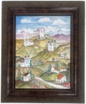 HOLMES NEVES (1925 / 2008). Paisagem com igrejas, interior Minas Gerais, óleo sobre tela, assinado e datado 2006. Composição ingênua e poética, típica do artista, com vilarejo colonial em meio a colinas. Proteção de moldura de madeira da época. Medida da obra: 40cm x 30cm. Medida total: 52cm x 42cm.