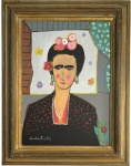 CLAUDIO FACIOLLY - Retrato de Frida Kahlo. Acrílico sobre tela, composição figurativa de cores vivas e linguagem contemporânea. Obra assinada, datada 2025, com identificação no verso. Dimensões: 70 x 50 cm. Emoldurada 91 x 71 cm.