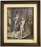 SUZANA LEVYÓleo sobre tela representando figura feminina em ambiente intimista, com pincelada expressiva e atmosfera onírica. Obra assinada, emoldurada, com leves marcas do tempo no passe-partout e verso. Medida da obra 54 x 46 cm. Medida total 79 x 70 cm.