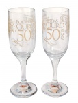 Par de taças comemorativas em vidro - Bodas de Ouro 50 Anos - 19x05 cm.