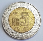 México 1992 5 Pesos Novos Bimetálica: centro de Alumínio-Bronze, anel de Aço inoxidável KM# 552