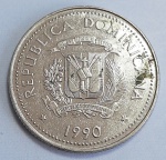 República Dominicana 1990 25 Centavos Aço com revestimento de Níquel KM# 71.2