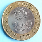 Portugal 1991 200 Escudos Bimetálica: centro de Cupro-Níquel, anel de Alumínio-Bronze KM# 655
