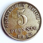 Alemanha Império 1920 5 Pfennig Cunhagem: `A` Berlin Ferro Com Revestimento de Zinco Km# 19