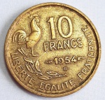 França 1954 10 Francos Alumínio-Bronze KM# 915