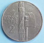 Itália 1924 2 Liras Rei Vittorio Emanuele III (1900  1946) Níquel KM# 63