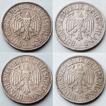 Alemanha Ocidental 1950 1 Marco (KM# 110) 4 cunhagens diferentes: D (Munique), F (Stuttgart), G (Karlsruhe), J (Hamburgo)  Cupro-Níquel