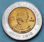 México 2008 5 Pesos Centenário da Revolução: Álvaro Obregón Bimetálica: centro de Alumínio-Bronze, anel de Aço inoxidável KM# 895