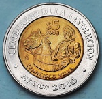 México 2008 5 Pesos Centenário da Revolução: Francisco Villa Bimetálica: centro de Alumínio-Bronze, anel de Aço inoxidável KM# 899