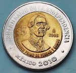 México 2008 5 Pesos Bicentenário da Independência: Francisco Primo de Verdad y Ramos Bimetálica: centro de Alumínio-Bronze, anel de Aço inoxidável KM# 900